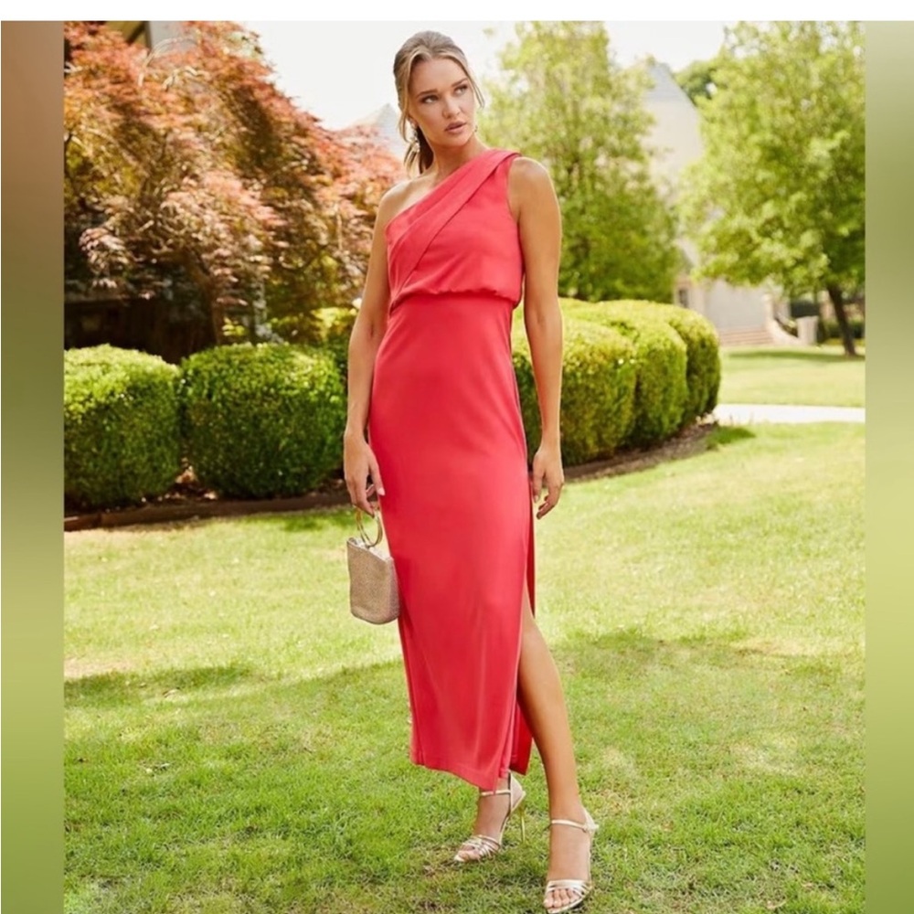 NWT Belle Badgley Mischka Raya One Shoulder Draped Side Slit Maxi Dress